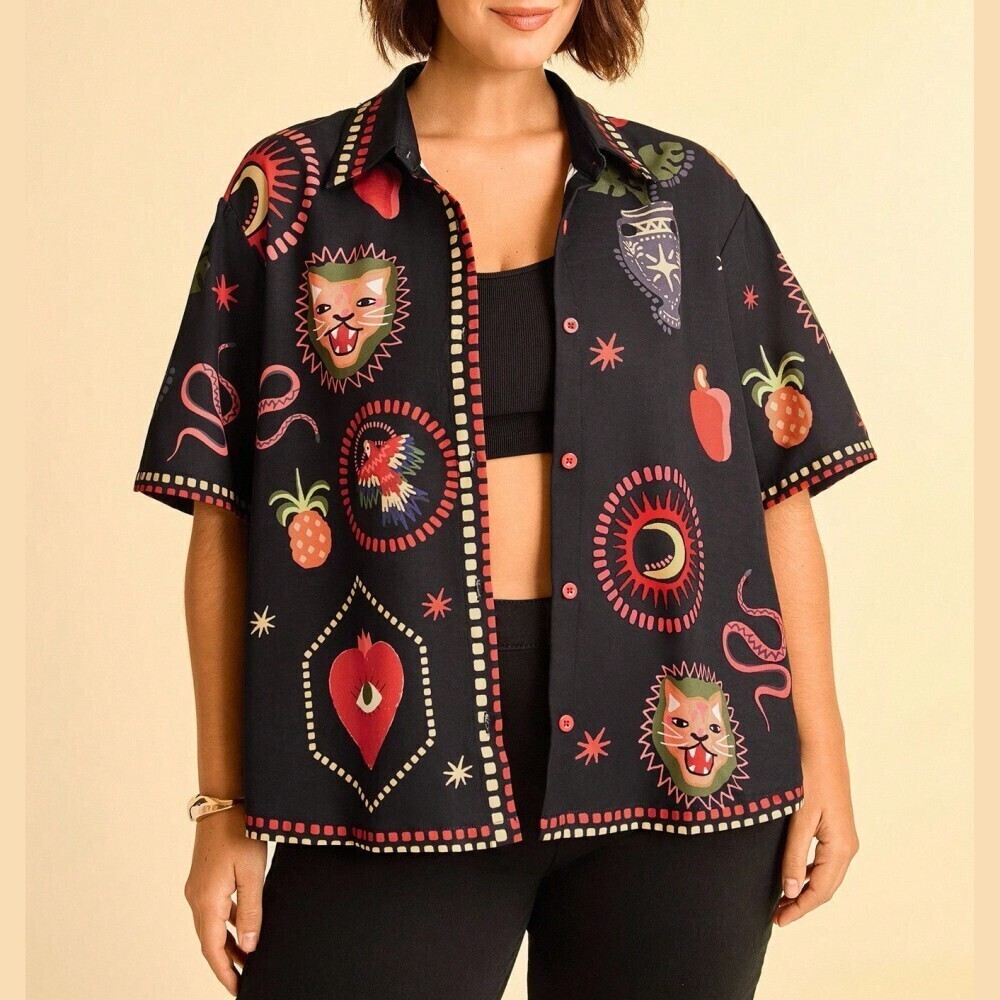 Black Novelty Print Button-Up Shirt with Tiger & Mystic Motifs